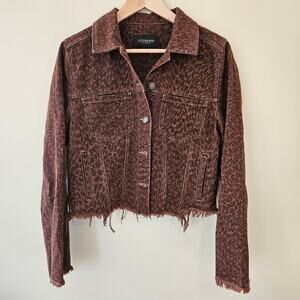 Liverpool Women's Denim Jacket Size S Leopard Print Cutoff Brown Pockets